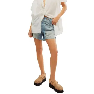 Women's High Rise Ripped Distressed Cargo Folded Hem Denim Shorts Straight Leg Short
