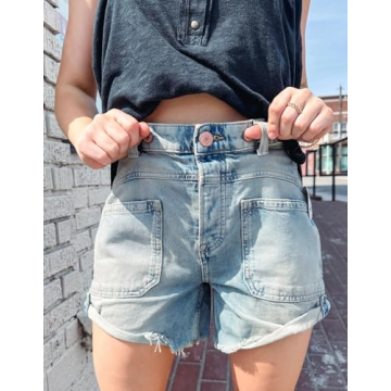 Women's High Rise Ripped Distressed Cargo Folded Hem Denim Shorts Straight Leg Short
