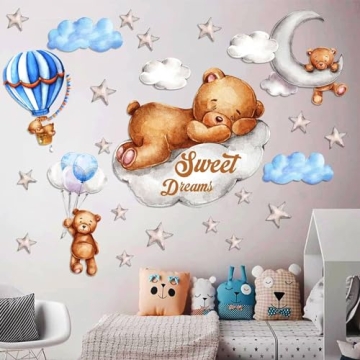 Tedy Bear Sleeping on Moon and Stars Nursery Wall Decor, Bear Wall Decals Nursery, Moon and Stars Nu...