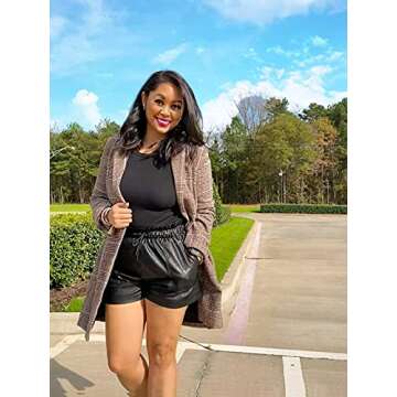 DALLNS Women Faux Leather Shorts High Waisted Paper Bag Pleather Stretchy PU Elastic Waist Shorts Casual Fall Winter Outfits Clothes Black3 XL