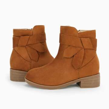 PiePieBuy Kids Girls Tie Knot Ankle Boots Chunky Low Block Heel Chelsea Dress Booties Winter Shoes With Zipper,Brown, Size 11 Little Kid
