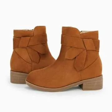 PiePieBuy Kids Girls Tie Knot Ankle Boots Chunky Low Block Heel Chelsea Dress Booties Winter Shoes With Zipper,Brown, Size 11 Little Kid