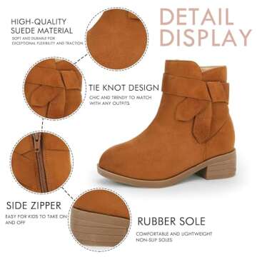 PiePieBuy Kids Girls Tie Knot Ankle Boots Chunky Low Block Heel Chelsea Dress Booties Winter Shoes With Zipper,Brown, Size 11 Little Kid