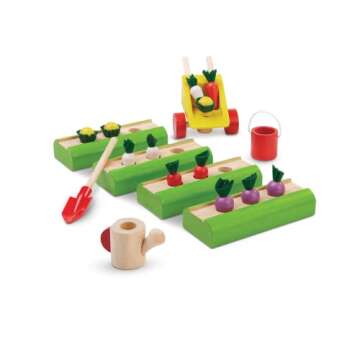 PlanToys Doll House Vegetable Garden - Made from Rubberwood Featuring Organic-Pigment Coloring with Wheelbarrow, Watering Can, and 4 Vegetable Beds