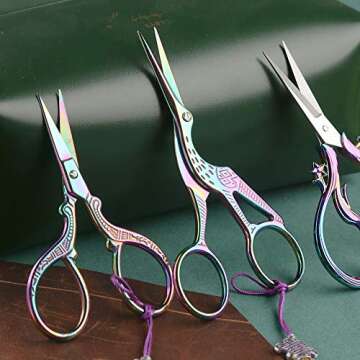 3 Pairs Embroidery Scissors, Vintage Scissors European Style Stainless Steel Scissor, Embroidery Kit with Classic Crane Design Sewing Scissors, Antique Scissors for Embroidery, Needlework (Rainbow)