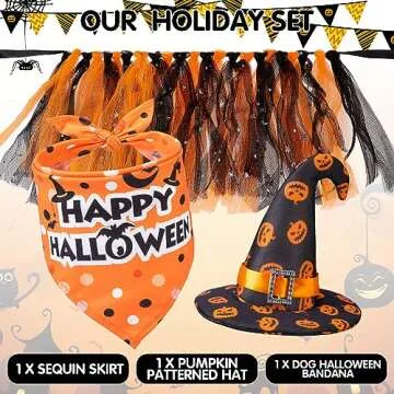 SCENEREAL Small Dog Halloween Costumes, Bandana Hat Dress Set, 3pcs Puppy Party Supplies, Soft Triangle Scarf, Cute Tutu Skirt Outfit for Girl Boy Pet