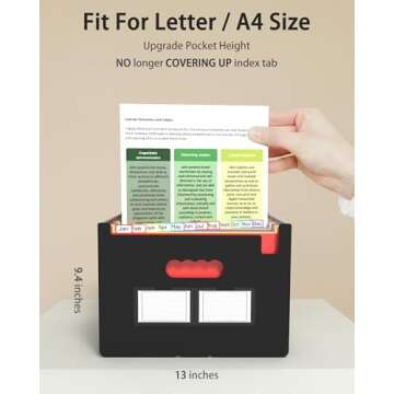 Maimis Expanding File Folder, 24 Pocket Accordion A4 Letter Size Portable Document Organizer with Colored Tabs, Expandable Bill Coupon Folder - Black