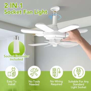 Socket Fan Light, Dimmable LED Ceiling Fans with Remote, 360° Super Bright Foldable Blades, Small Ceiling Fan with Light, Modern Ceiling Fan for Bedroom, Garage, Basement, Workshop, Indoor Lighting