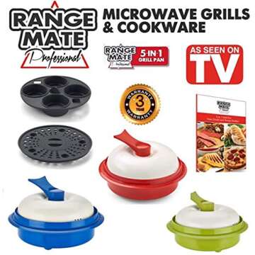 Range Mate Pro Deluxe Nonstick Microwave 5-in-1 Grill Pot/Pan Cookware Set"As Seen On TV" (Grill, Bake, Roast, Saute, Steam, Poach, & One Pot Meals) (Red)