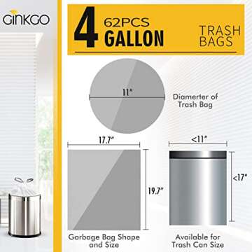 62 Counts Small Trash Bag Drawstring 4 Gallon Mini Garbage Bags for Bathroom, Kitchen, Bedroom and O...