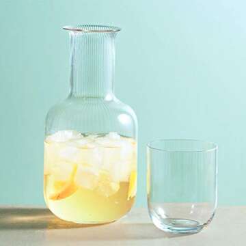 Sizikato 25 Oz Vertical Stripes Clear Glass Bedside Night Water Carafe with Tumbler Glass.