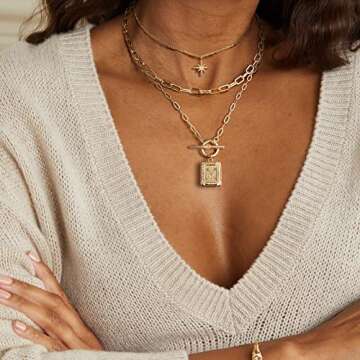 MJartoria Layered Initial Necklaces for Women Trendy, 14K Gold Plated Simple Star Choker Square Lett...