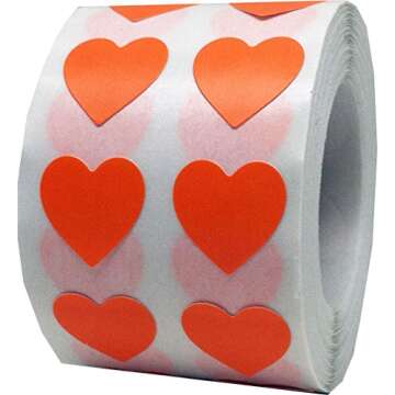Orange Heart Semi-Gloss Stickers in 1/2" Inch, 1000 Adhesive Labels on a roll, Arts and Crafts, Enve...