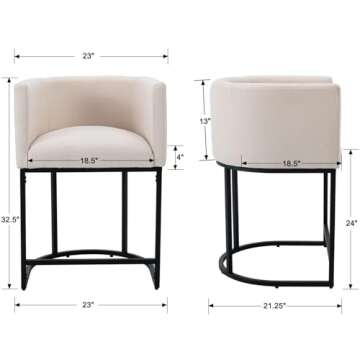 HNY Modern Counter Height Linen Fabric Upholstered Barrel Counter Stools Set of 2, 24 inch Kitchen Island Stools with Black Tubular Frame, Cream