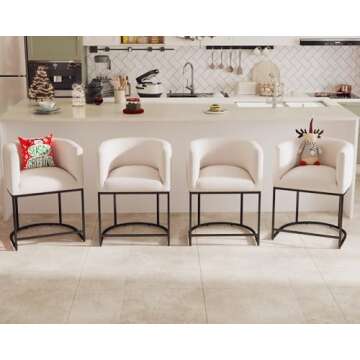 HNY Modern Counter Height Linen Fabric Upholstered Barrel Counter Stools Set of 2, 24 inch Kitchen Island Stools with Black Tubular Frame, Cream