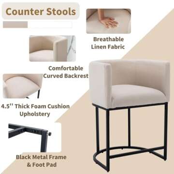 HNY Modern Counter Height Linen Fabric Upholstered Barrel Counter Stools Set of 2, 24 inch Kitchen Island Stools with Black Tubular Frame, Cream