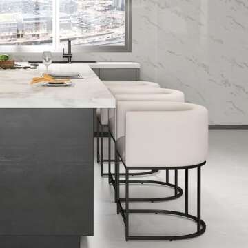 HNY Modern Counter Height Linen Fabric Upholstered Barrel Counter Stools Set of 2, 24 inch Kitchen Island Stools with Black Tubular Frame, Cream
