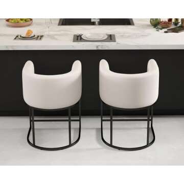 HNY Modern Counter Height Linen Fabric Upholstered Barrel Counter Stools Set of 2, 24 inch Kitchen Island Stools with Black Tubular Frame, Cream