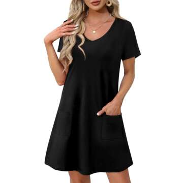 OFEEFAN Black Summer Dresses for Women 2025 Loose V Neck T Shirts Casual Dress Sundresses Swing Dres...