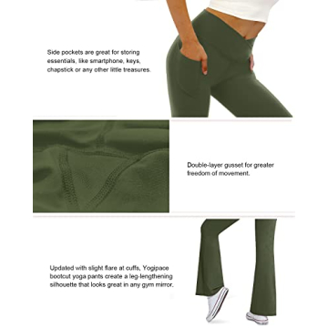 COPYLEAF Women's Flare Yoga Pants with Pockets-V Crossover High Waisted Bootcut Yoga Leggings-Flare Bell Bottom Workout Gym Leggings Green
