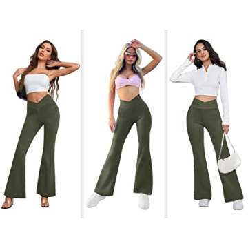 COPYLEAF Women's Flare Yoga Pants with Pockets-V Crossover High Waisted Bootcut Yoga Leggings-Flare Bell Bottom Workout Gym Leggings Green