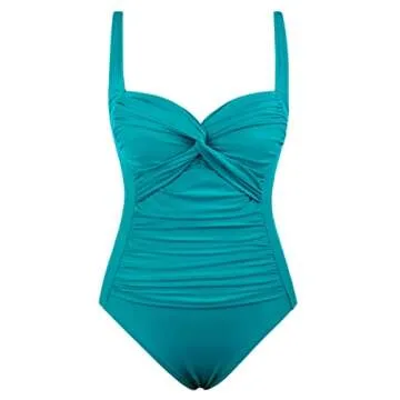 Hilor Women's Ruched Front Twist One Piece Swimsuit Tummy Control Bathing Suits Retro Swimwear Monokini Bluebird Blue 14