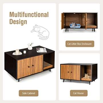 PETSITE Cat Litter Box Enclosure, Wooden Litter Box Cabinet with Divider, Scratching Pad & Metal Legs, Litterbox Enclosure Furniture with Double Doors, Hidden Litter Box, 35.5 x 20 x 20 inch