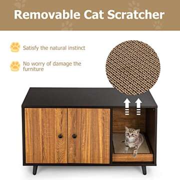 PETSITE Cat Litter Box Enclosure, Wooden Litter Box Cabinet with Divider, Scratching Pad & Metal Legs, Litterbox Enclosure Furniture with Double Doors, Hidden Litter Box, 35.5 x 20 x 20 inch