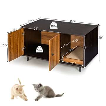 PETSITE Cat Litter Box Enclosure, Wooden Litter Box Cabinet with Divider, Scratching Pad & Metal Legs, Litterbox Enclosure Furniture with Double Doors, Hidden Litter Box, 35.5 x 20 x 20 inch
