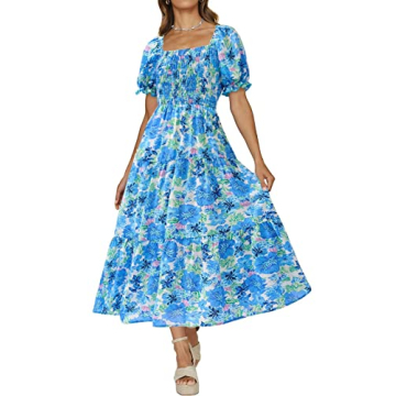 PRETTYGARDEN Women's Summer Puff Sleeve Floral Maxi Dress Square Neck Smocked Boho Flowy A Line Casu...
