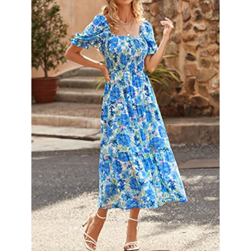 PRETTYGARDEN Women's Summer Puff Sleeve Floral Maxi Dress Square Neck Smocked Boho Flowy A Line Casual Beach Long Dresses (Big Floral White and Blue,Large)