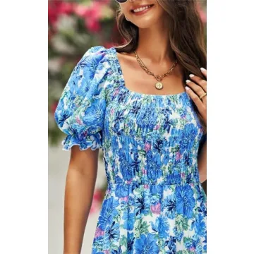 PRETTYGARDEN Women's Summer Puff Sleeve Floral Maxi Dress Square Neck Smocked Boho Flowy A Line Casual Beach Long Dresses (Big Floral White and Blue,Large)