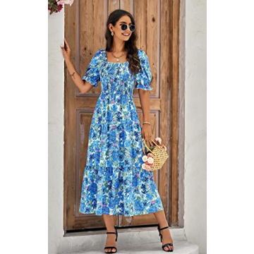 PRETTYGARDEN Women's Summer Puff Sleeve Floral Maxi Dress Square Neck Smocked Boho Flowy A Line Casual Beach Long Dresses (Big Floral White and Blue,Large)