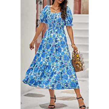 PRETTYGARDEN Women's Summer Puff Sleeve Floral Maxi Dress Square Neck Smocked Boho Flowy A Line Casual Beach Long Dresses (Big Floral White and Blue,Large)