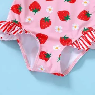 Tiny Cutey Toddler Girl Swimsuit Ruffled Stripe Sleeveless Swimwear One-Piece Baby Girl Bathing Suits (Pink-Strawberry，12-18 Months)
