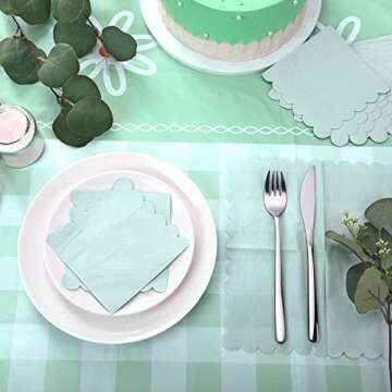 100 Pcs Scalloped Cocktail Napkins Thick Paper Napkins Disposable Party Napkins Beverage Napkins for Wedding Dinner Birthday Supplies, 5 x 5 Inches (Mint Green)