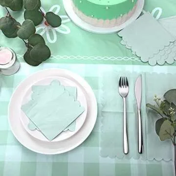100 Pcs Scalloped Cocktail Napkins Thick Paper Napkins Disposable Party Napkins Beverage Napkins for Wedding Dinner Birthday Supplies, 5 x 5 Inches (Mint Green)