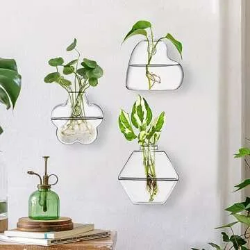 yarlung Set of 6 Glass Planters Wall Hanging Terrarium, Clear Plants Vase Wall Mount for Propagating Hydroponics Plants, Indoor Air Plants, Stylish 6 Shapes (Plants Not Included)