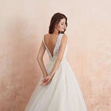 Abaowedding Women's Wedding Dress for Bride Lace Applique Evening Dress V Neck Straps Ball Gowns