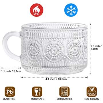 kickmove 2 Pack 14oz Glass Coffee Mugs with Spoons, Clear Embossed Vintage Cups for Coffee,Tea,and M...