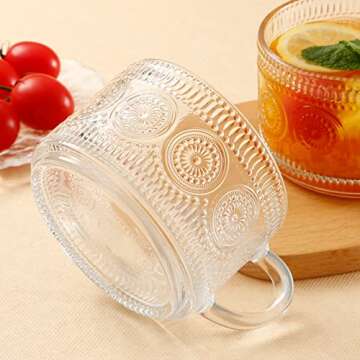 kickmove 2 Pack 14oz Glass Coffee Mugs with Spoons, Clear Embossed Vintage Cups for Coffee,Tea,and Milk.Valentine,Mother and Father's Day Gift for Family and Friends