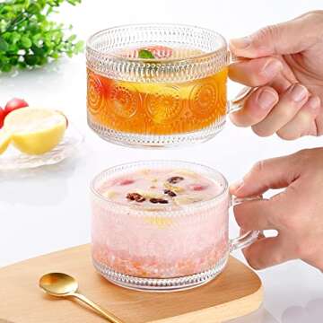 kickmove 2 Pack 14oz Glass Coffee Mugs with Spoons, Clear Embossed Vintage Cups for Coffee,Tea,and Milk.Valentine,Mother and Father's Day Gift for Family and Friends