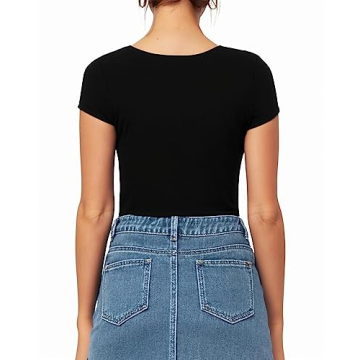 MANGOPOP Black Bodysuit Women Square Neck Short Sleeve Top