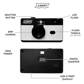 LENSY No Screen Digital Camera | Rechargeable, 8mp, Lightweight, Focus-Free, Auto-Flash, Easy-to-Use, Reusable, Film-Style Photos (White)