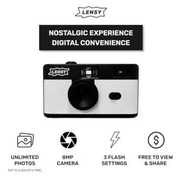 LENSY No Screen Digital Camera | Rechargeable, 8mp, Lightweight, Focus-Free, Auto-Flash, Easy-to-Use, Reusable, Film-Style Photos (White)