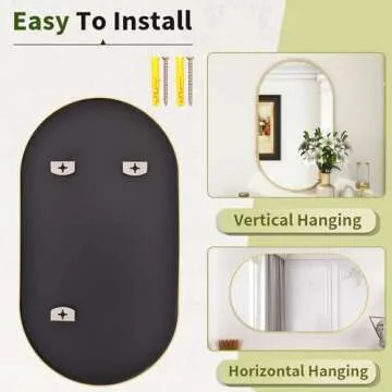 BEAUTYPEAK Wall Mounted Mirror, 20"x36" Oval Bathroom Mirror with Metal Frame, Vertical & Horizontal Hang, Ideal for Bedroom, Entryway, Living Room, Gold