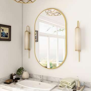 BEAUTYPEAK Wall Mounted Mirror, 20"x36" Oval Bathroom Mirror with Metal Frame, Vertical & Horizontal Hang, Ideal for Bedroom, Entryway, Living Room, Gold