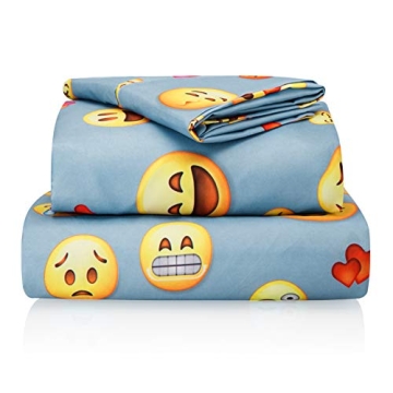 Chital Twin Bed Sheets for Boys | 3 Pc Colorful Kids Bedding Set | Light Blue Emoji Print | Durable ...