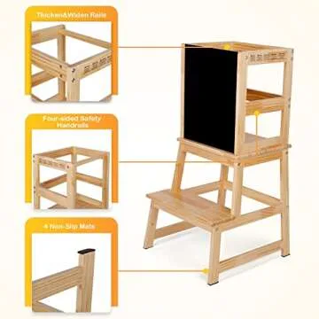 Kids Kitchen Step Stool with Chalkboard & Safety Rail for Toddlers 18 Months and Older, Safety Anti-Slip Protection, Removable Step Stool for Adult Use, Natural