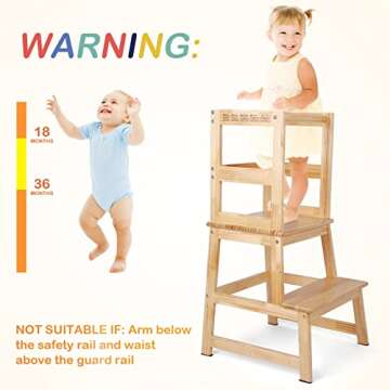 Kids Kitchen Step Stool with Chalkboard & Safety Rail for Toddlers 18 Months and Older, Safety Anti-Slip Protection, Removable Step Stool for Adult Use, Natural